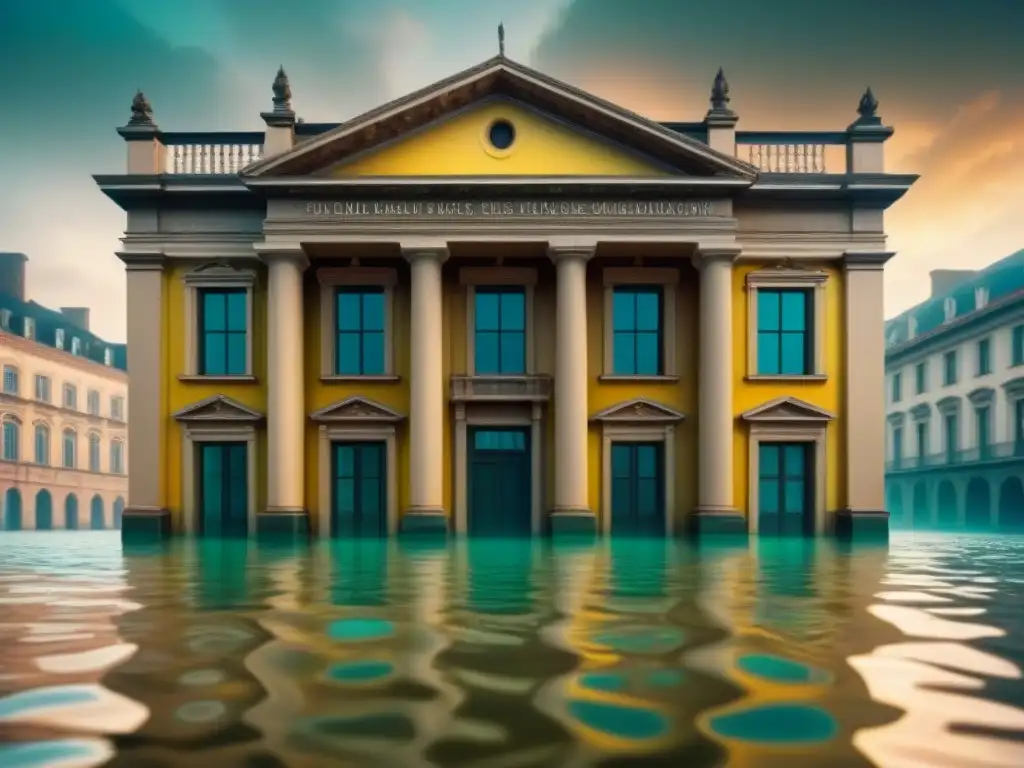 Ilustración digital detallada: edificio histórico sumergido en agua Ilustración digital detallada de un edificio histórico sumergido en agua, mostrando daños y reparación en infraestructuras históricas