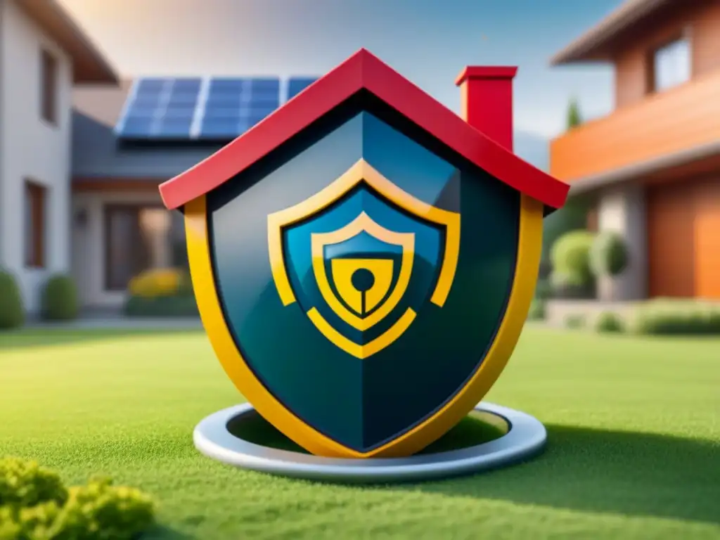 Seguridad digital para tu hogar: actualiza tu seguro de vivienda Ilustración digital moderna de una casa protegida por un escudo con tecnología avanzada, resaltando la Importancia de actualizar seguro vivienda