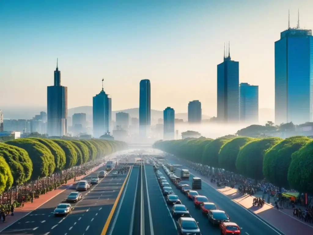 Horizonte urbano moderno de la Ciudad de México: crecimiento y oportunidad El dinámico impacto del TMEC en el mercado inmobiliario de México: una ciudad moderna con rascacielos, vegetación y vida urbana vibrante