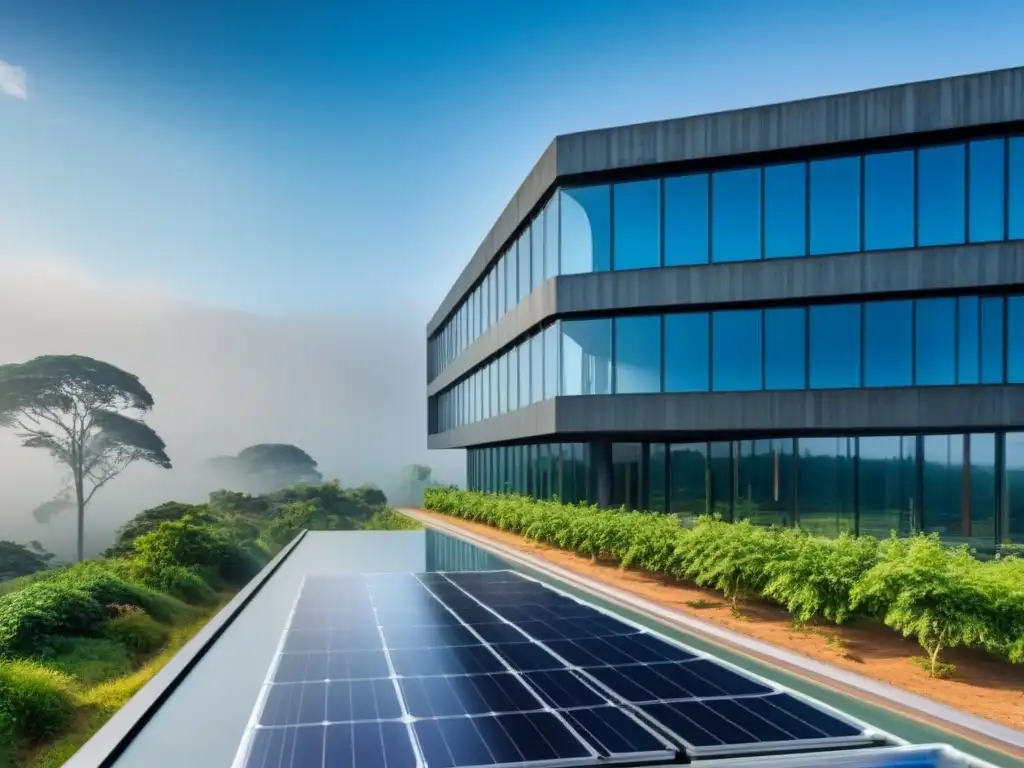 Arquitectura futurista ecoamigable en paisaje verde Diseño arquitectónico futurista integrado en paisaje verde con tecnología ecoamigable