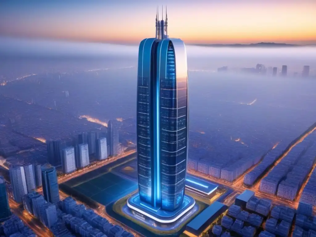 Rascacielos futurista en CDMX: diseño innovador y seguro Diseño arquitectónico futurista para un rascacielos en la Ciudad de México, cumpliendo normativas locales seguridad estructural México