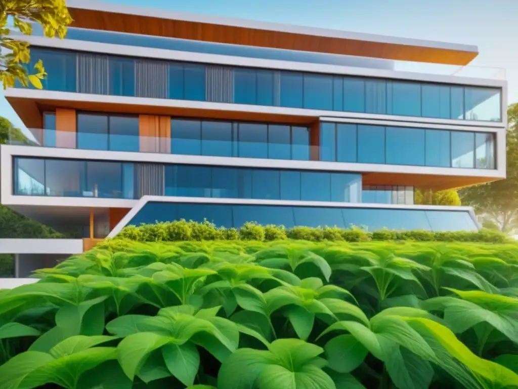 Edificio sostenible del futuro: diseño ultradetallado en 8k Un diseño arquitectónico futurista y sostenible con paneles solares integrados, rodeado de vegetación y sistemas innovadores de conservación de agua