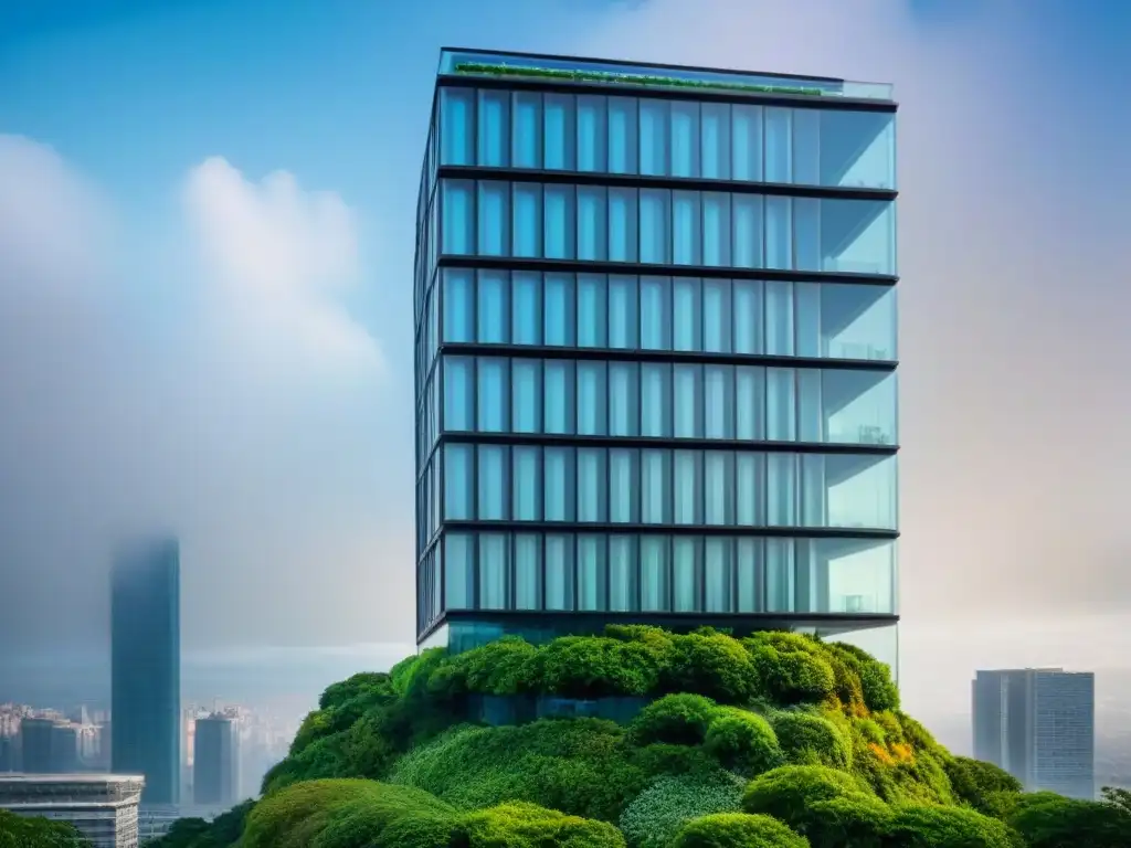 Arquitectura futurista: diseño innovador y sostenible en la ciudad Diseño arquitectónico futurista con vidrio y vegetación, integrando técnicas de conservación sostenible en la ciudad