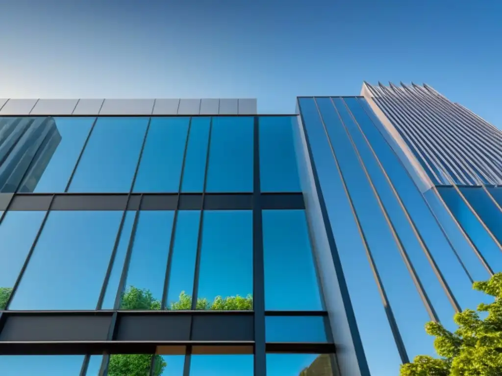 Edificio moderno de oficinas: arquitectura elegante en 8k Diseño arquitectónico moderno de edificio de oficinas con fachada de vidrio reflectante, rodeado de vegetación