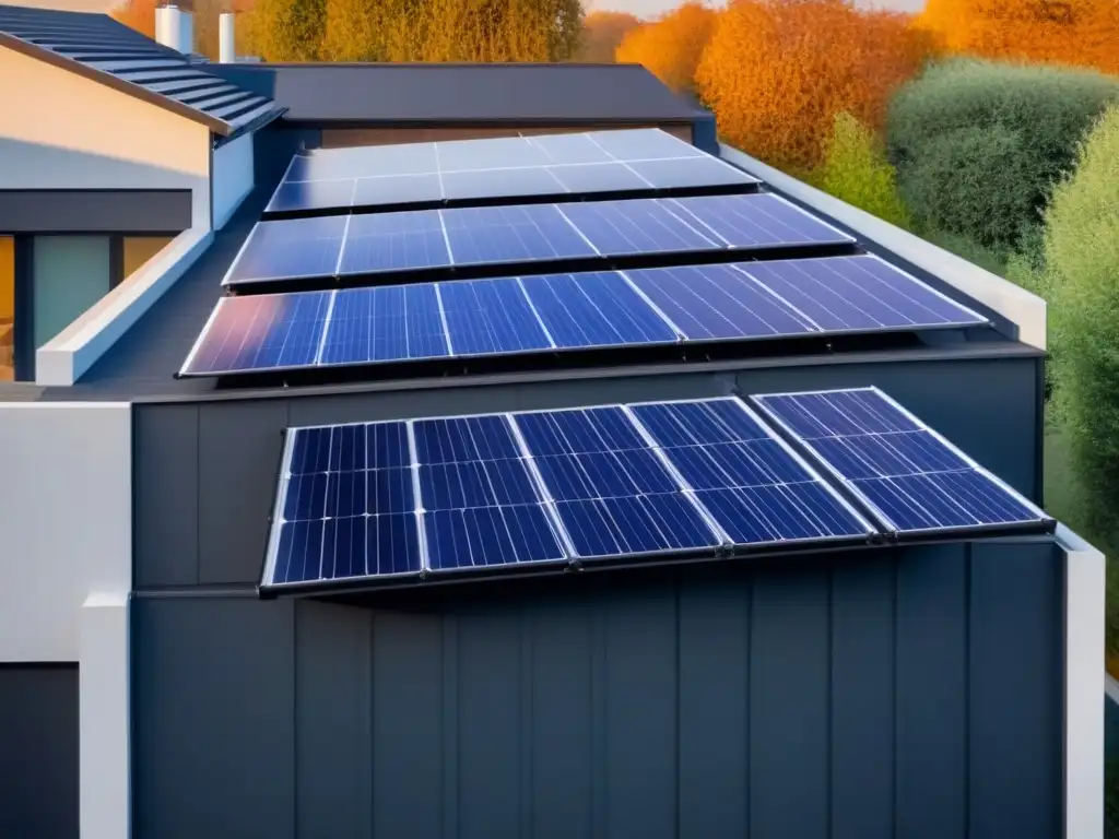 Diseño arquitectónico moderno con paneles solares integrados Diseño arquitectónico moderno con integración de paneles solares en un edificio residencial contemporáneo