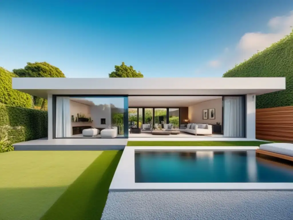 Diseño arquitectónico moderno: casa minimalista en entorno natural Diseño arquitectónico moderno con líneas elegantes y amplias ventanas, rodeado de exuberante vegetación y cielo azul
