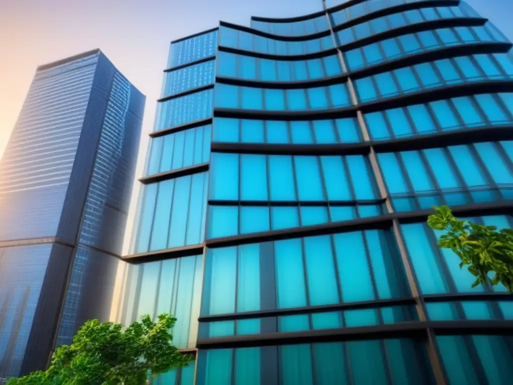 Blueprint sostenible de rascacielos: cumplimiento normativo internacional Diseño arquitectónico moderno y sostenible en azul, cumpliendo con el Código Internacional de Construcción Inmobiliaria