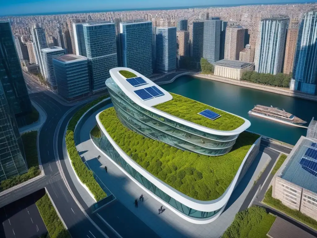 Edificio sostenible con paneles solares y techos verdes en ciudad moderna Un diseño arquitectónico moderno y sostenible con techos verdes y paneles solares, rodeado de una ciudad vibrante y diversa