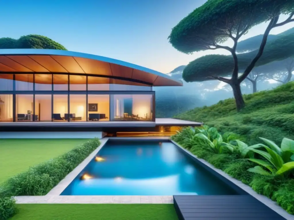 Edificio bioclimático futurista con paneles solares integrados Diseño bioclimático en arquitectura: Edificio futurista con paneles solares integrados y vegetación exuberante bajo cielo azul