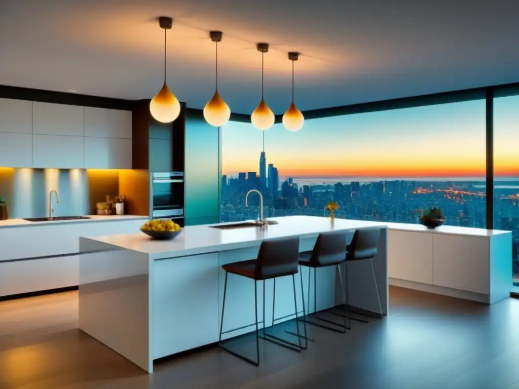 Exclusiva cocina moderna con vista panorámica en 8k Diseño de cocinas mercado inmobiliario: Cocina moderna, elegante y sofisticada con vistas a la ciudad y detalles luminosos