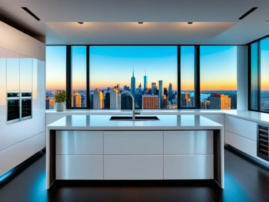 Espectacular cocina moderna con vista panorámica a la ciudad Diseño de cocinas mercado inmobiliario: Cocina moderna con gabinetes blancos, electrodomésticos de acero inoxidable y vista panorámica a la ciudad