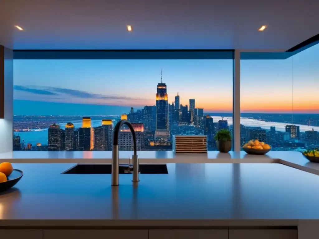 Cocina moderna con isla de mármol y vista urbana al atardecer Diseño de cocinas mercado inmobiliario: Cocina moderna con isla, electrodomésticos de lujo, ventana con vista urbana al atardecer