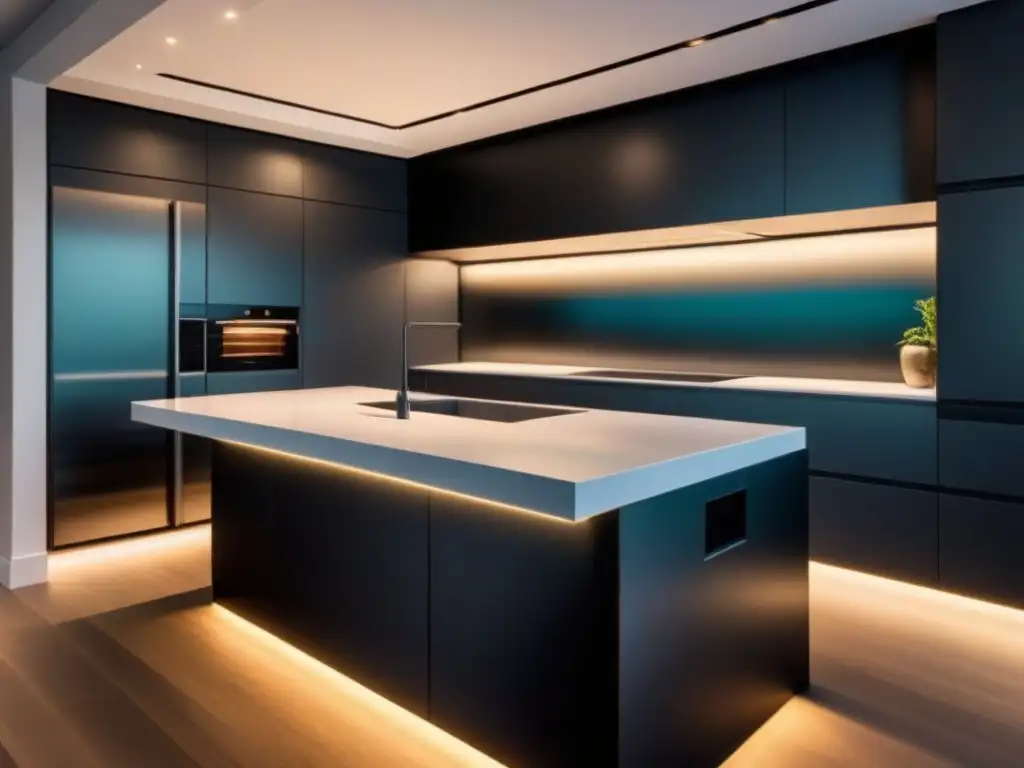 Cocina minimalista de lujo: diseño vanguardista en 8k Diseño de cocinas mercado inmobiliario: Cocina minimalista de lujo con electrodomésticos modernos y elegante isla central