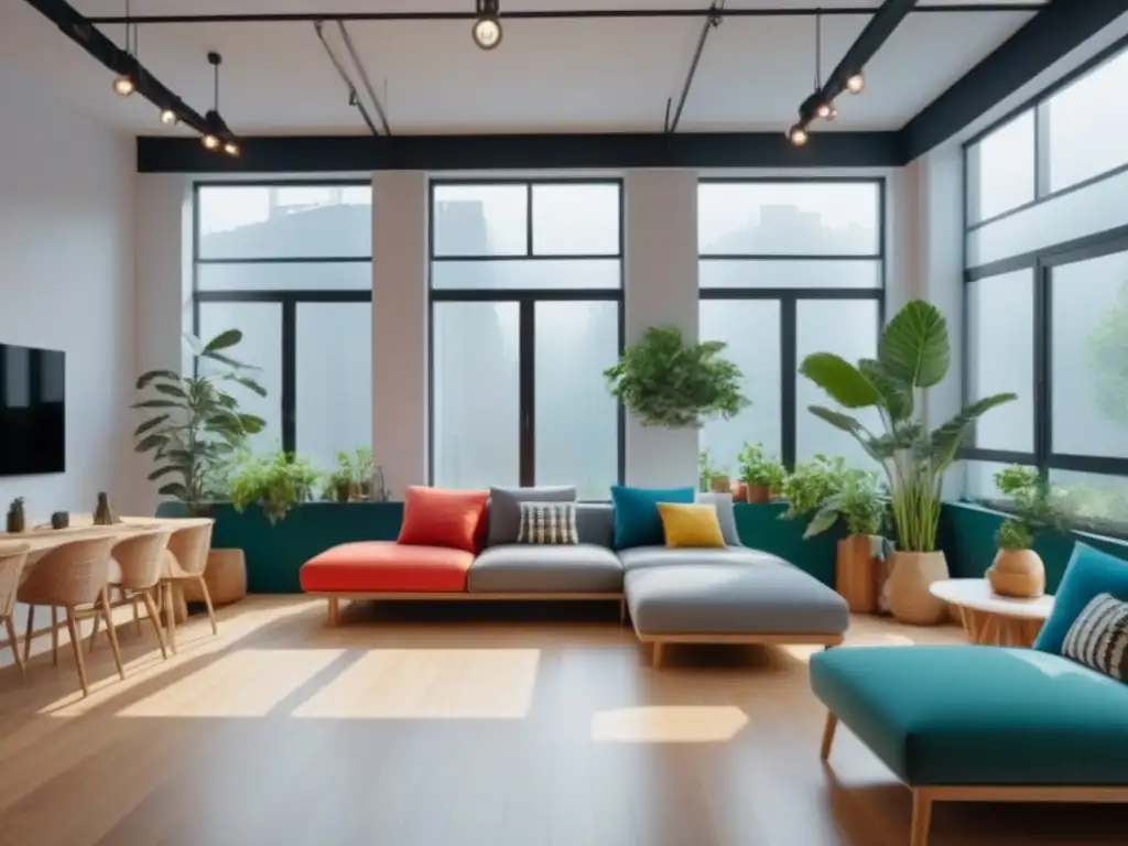 Espacio de coliving vibrante y moderno: diseño creativo y colaborativo Diseño de coliving colaborativo innovador en espacio vibrante y moderno con muebles modulares y colores brillantes, gente diversa socializando y colaborando en actividades creativas