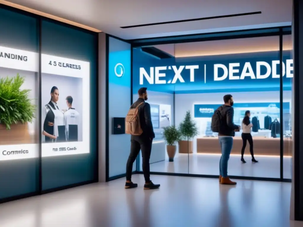 Concepto comercial futurista con tecnología y sostenibilidad Diseño comercial futurista con tecnología, minimalismo y sostenibilidad, reflejando las tendencias en espacios comerciales próxima década