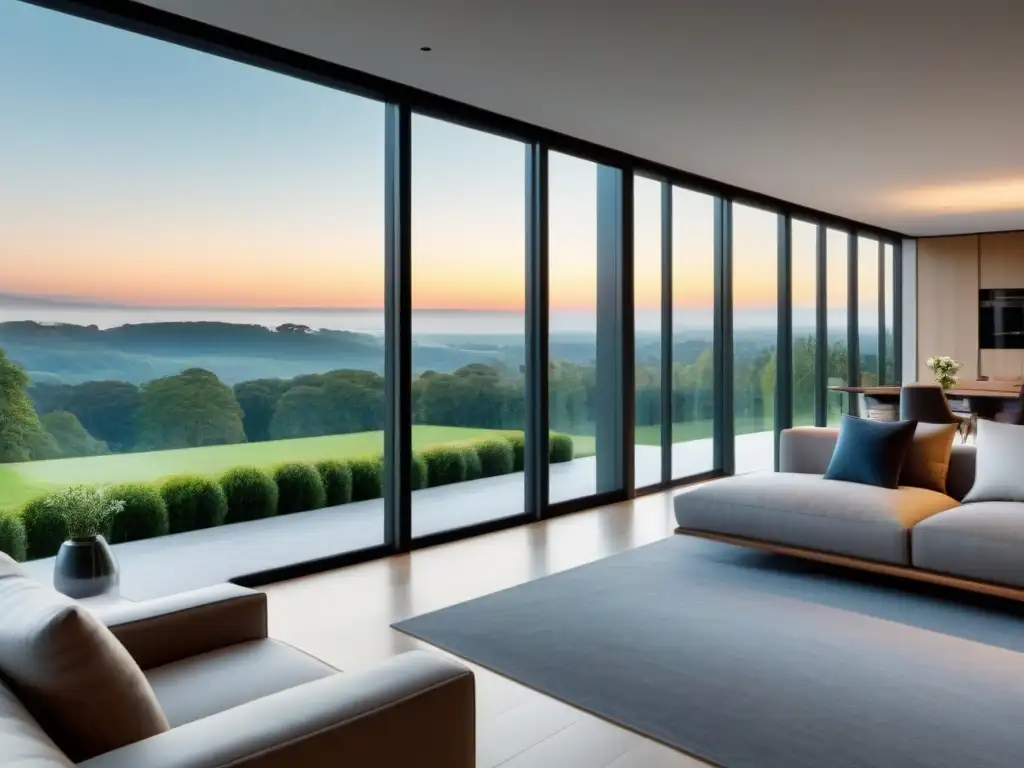 Salón moderno con vistas panorámicas y luz natural Diseño contemporáneo con ventanas piso techo que maximizan la luz natural y conectan con la naturaleza