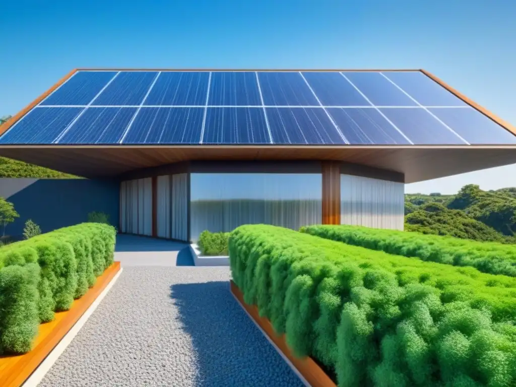 Arquitectura futurista sostenible con paneles solares integrados Diseño de edificios resistentes climáticamente: Arquitectura futurista con paneles solares integrados y naturaleza exuberante
