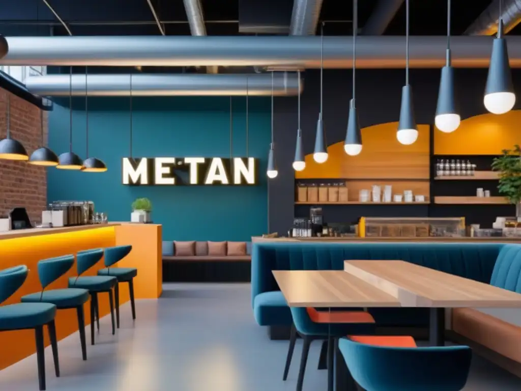 Diseño comercial vibrante y moderno: café, tienda y coworking en armonía Diseño espacios comerciales multifuncionales: Café animado, tienda moderna y espacio coworking acogedor con arte contemporáneo
