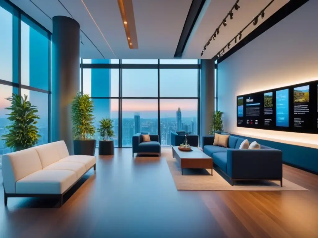 Espacio comercial moderno con diseño versátil y vibrante Diseño espacios comerciales multifuncionales con muebles versátiles, pantallas digitales interactivas y vegetación vibrante