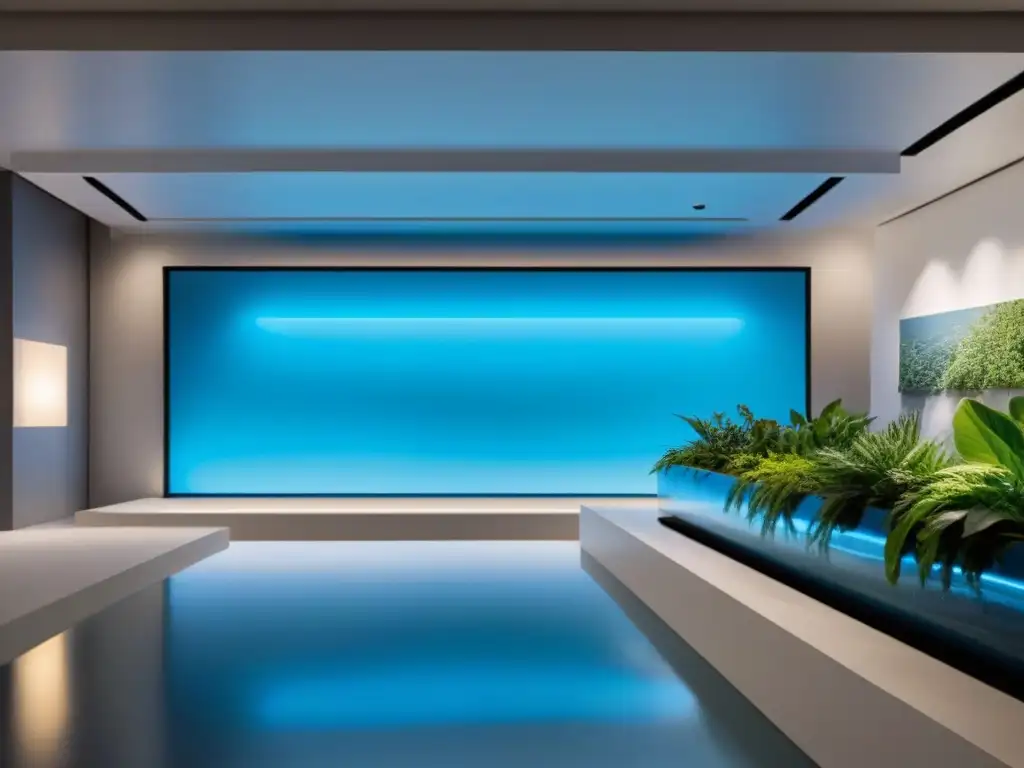 Espacio comercial futurista y vibrante con exhibiciones interactivas Diseño espacios comerciales multifuncionales: Un ambiente futurista vibrante con tecnología y naturaleza integradas, clientes diversos interactúan