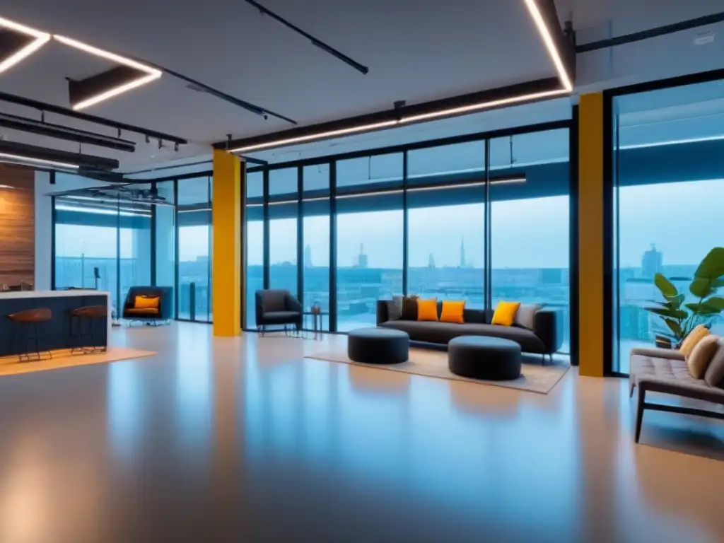Diseño comercial moderno y vibrante con espacio abierto y minimalista Diseño espacios comerciales multifuncionales 2023: Espacio moderno y luminoso con mobiliario minimalista y toques de colores vibrantes