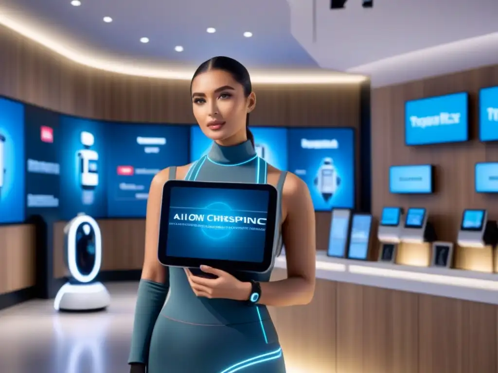Diseño de tienda del futuro: fusión perfecta entre lo físico y digital Diseño espacios comerciales multifuncionales 2023: Futurista integración físico-digital con robots, pantallas interactivas y mobiliario minimalista