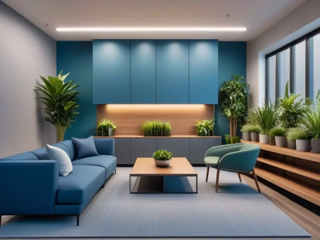 Diseño versátil y moderno para espacio comercial multitarea Diseño de espacios comerciales multifuncionales con elementos modernos y acogedores en tonos grises, azules y verdes