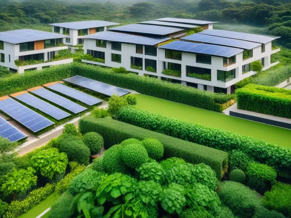 Complejo residencial ecológico: diseño sustentable y verde Diseño inmobiliario sostenible y ecológico: Complejo de viviendas ecofriendly rodeado de vegetación con paneles solares y jardines en azoteas