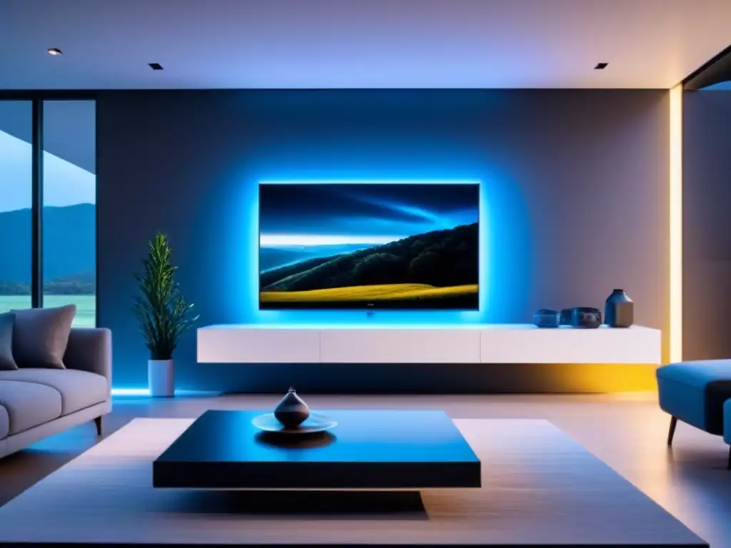Interior futurista de smart home con tecnología integrada Diseño inmobiliario con tecnologías inteligentes: interior futurista y minimalista con control de voz y datos de consumo energético en pantalla