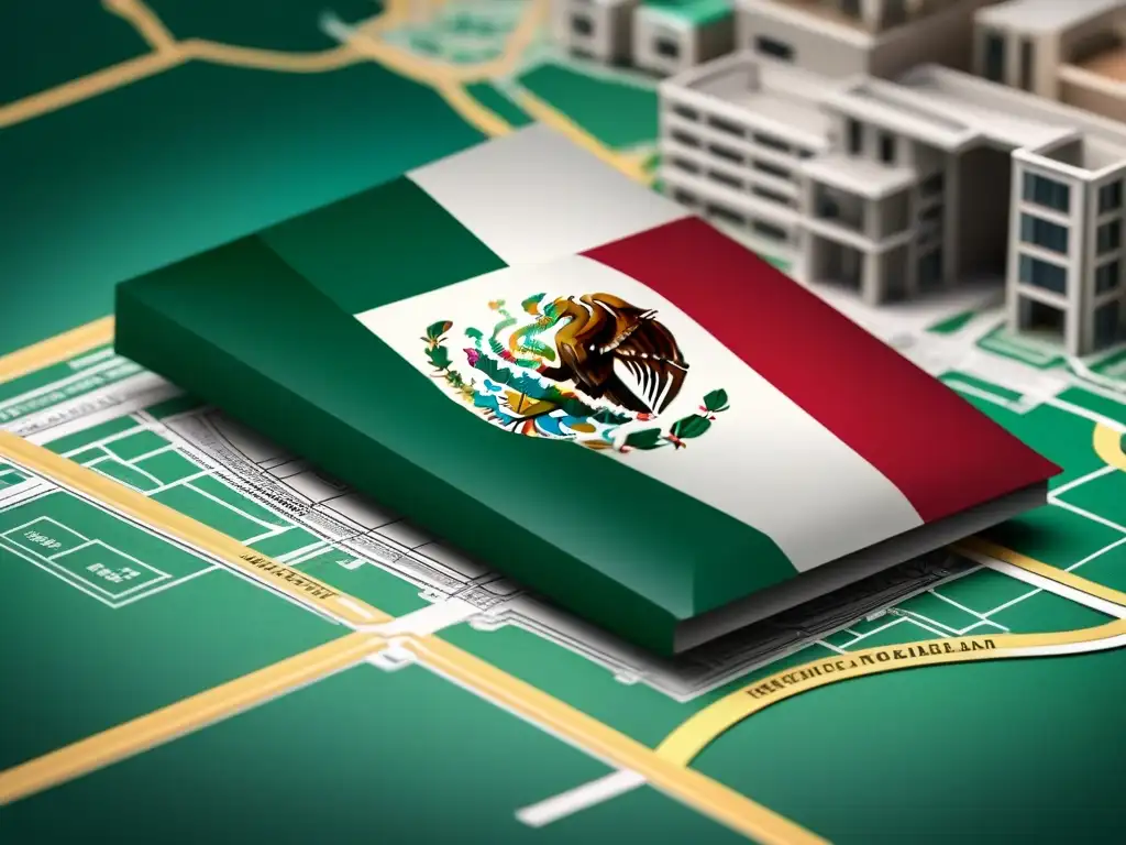 Bandera Mexicana entre Planos: Regulaciones Inmobiliarias Diseño moderno: bandera mexicana entrelazada con planos arquitectónicos, representando las regulaciones inmobiliarias en México