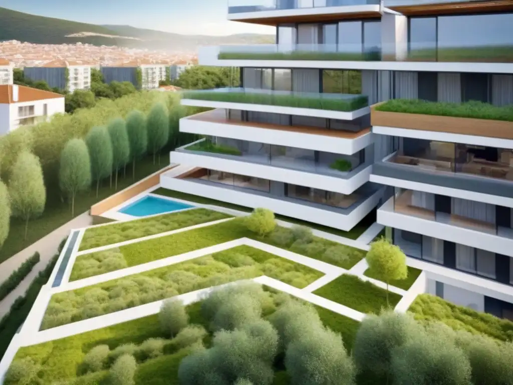 Arquitectura sostenible: diseño eco en España Diseño moderno de edificio residencial ecofriendly en España, con elementos sostenibles y naturaleza