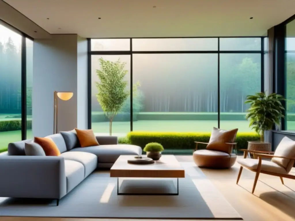 Salón minimalista con ventana panorámica y jardín sereno Diseño moderno y equilibrio en un salón minimalista con ventana panorámica y jardín sereno