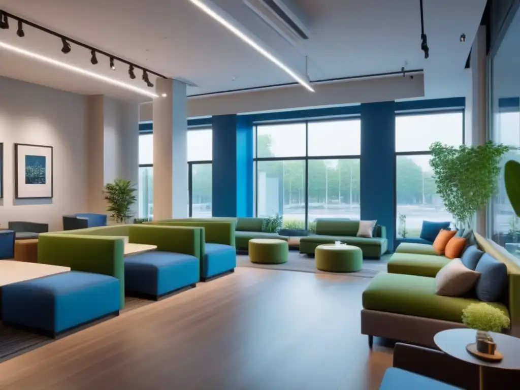Diseño comercial moderno con accesibilidad y naturaleza Diseño moderno de espacio comercial con mobiliario minimalista, amplias ventanas y vegetación integrada