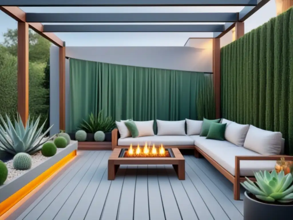 Espacio exterior moderno con paisajismo minimalista y vibrantes suculentas Diseño de paisajismo moderno para exteriores con plantas vibrantes y mobiliario contemporáneo en un espacio sereno