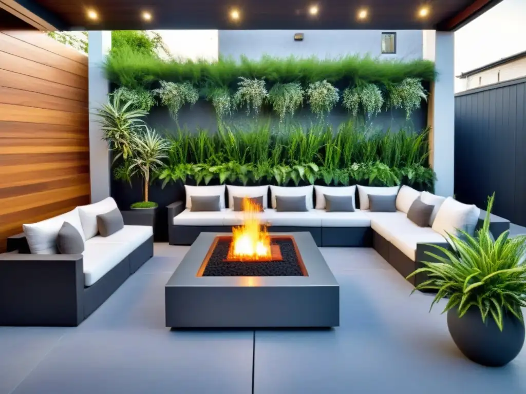 Diseño de patio moderno con cocina exterior: lujo y confort al aire libre Diseño de patios y terrazas con cocina exterior moderna, pared verde y elegante mobiliario