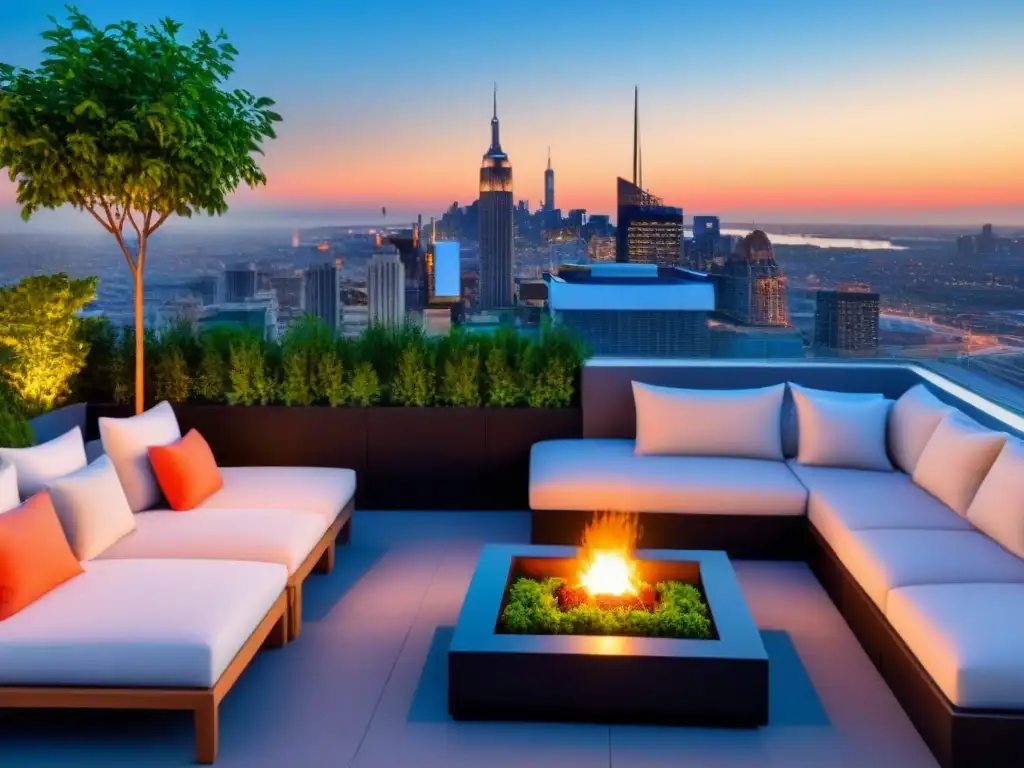 Terraza de lujo con vista a la ciudad: diseño moderno y acogedor Diseño de patios y terrazas: Elegante terraza en la azotea con vista a la ciudad y acogedor espacio de entretenimiento al aire libre