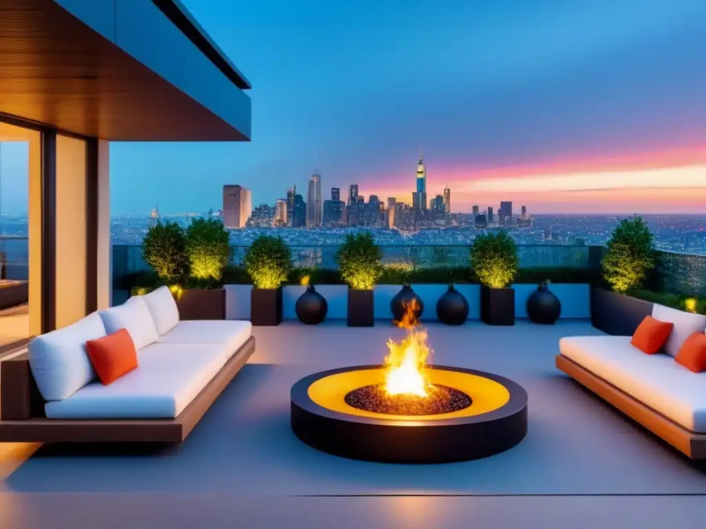 Terraza moderna de lujo con vista a la ciudad Diseño de patios y terrazas: Terraza moderna de lujo con vista a la ciudad, mobiliario elegante, fogata acogedora y exuberante vegetación