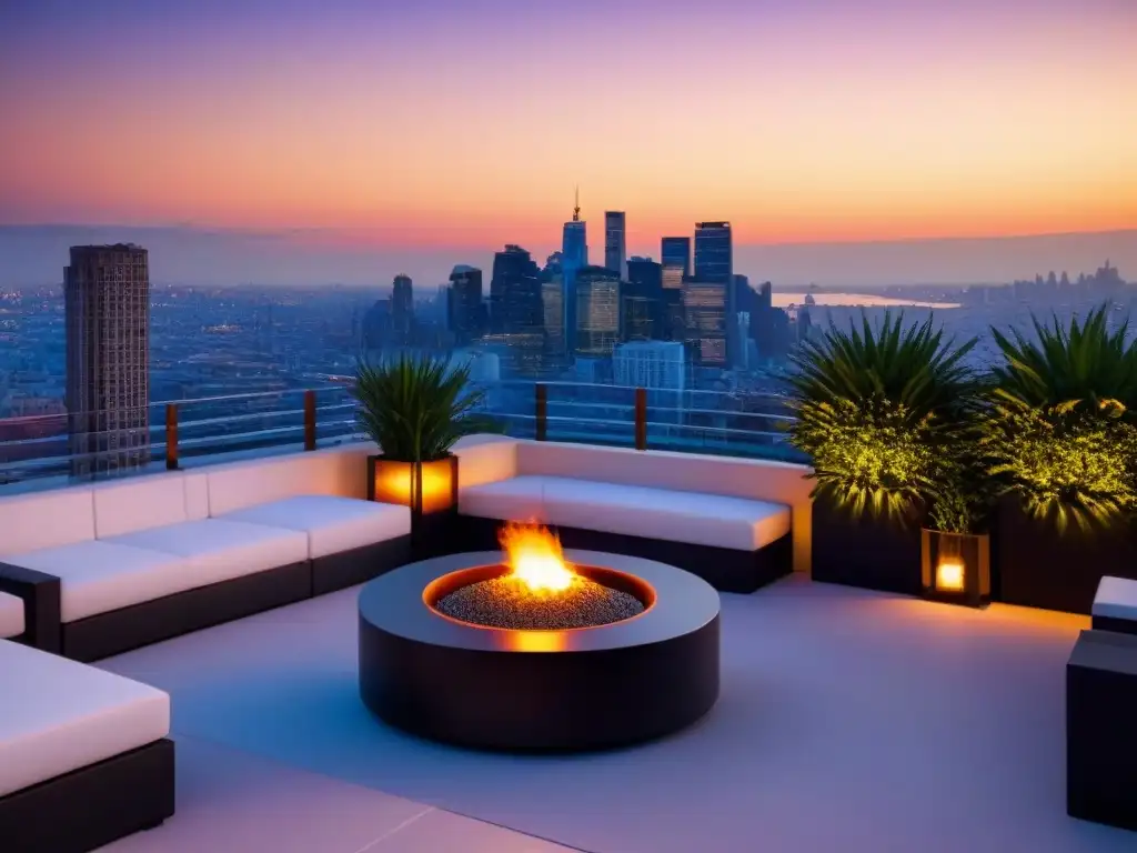 Terraza moderna de lujo con skyline urbano al atardecer Diseño de patios y terrazas: Terraza moderna de lujo con mobiliario minimalista, vista urbana al atardecer, fuego y plantas exuberantes