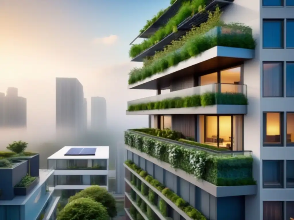 Diseño sostenible: edificio urbano eco-friendly Diseño sostenible en arquitectura urbana con muros verdes y paneles solares, ideal para estrategias de inversión inmobiliaria sostenibles