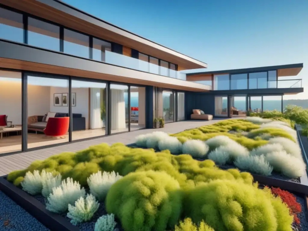 Diseño sostenible con ventilación natural y energía solar Diseño sostenible con ventilación natural para confort térmico, edificio moderno rodeado de vegetación y paneles solares en el techo