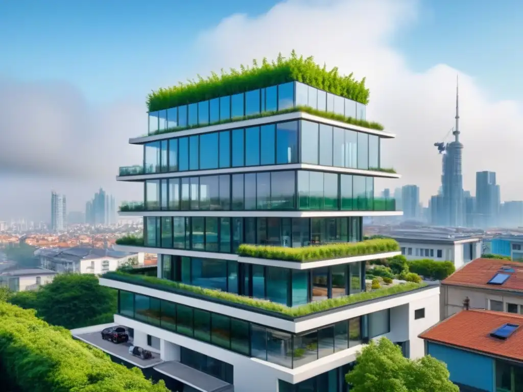 Edificio sostenible del futuro en ciudad vibrante Diseño sustentable en construcción: Edificio futurista con tecnología verde en una ciudad vibrante y ecológica