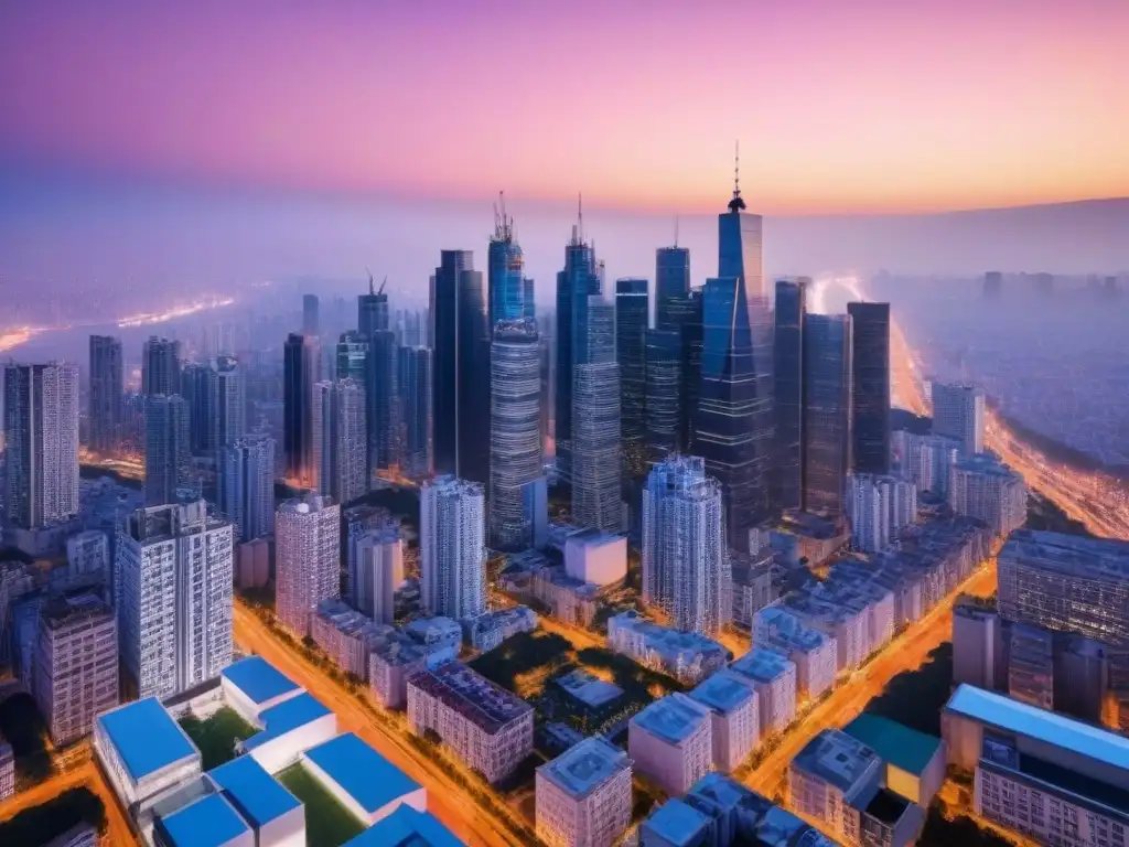 Visión aérea impresionante: ciudad moderna al anochecer Diseños espacios flexibles vida moderna: Skyline urbano al atardecer, luces brillantes reflejadas en modernos rascacielos