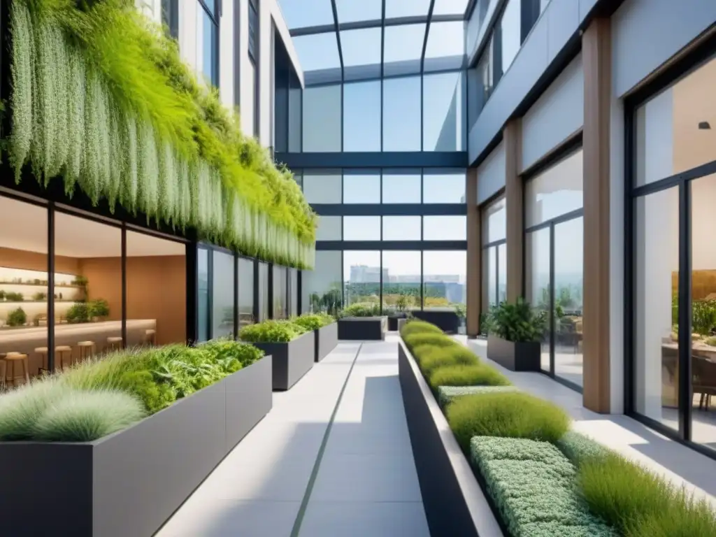 Distrito comercial verde y moderno: arquitectura integrada con naturaleza Un distrito comercial bullicioso con edificios modernos y espacios verdes integrados