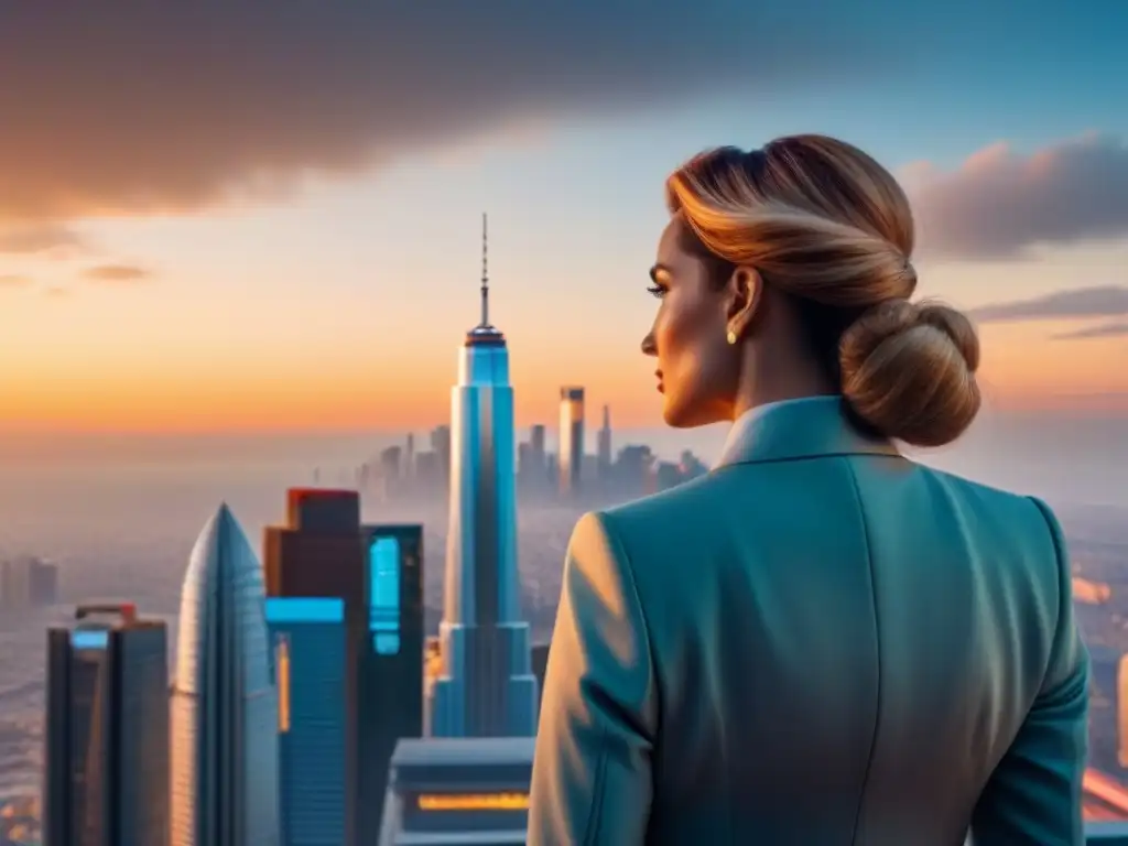 Distrito financiero futurista al atardecer: innovación y sofisticación Un distrito financiero futurista con rascacielos reflectantes al atardecer, fusionando lo tradicional y moderno