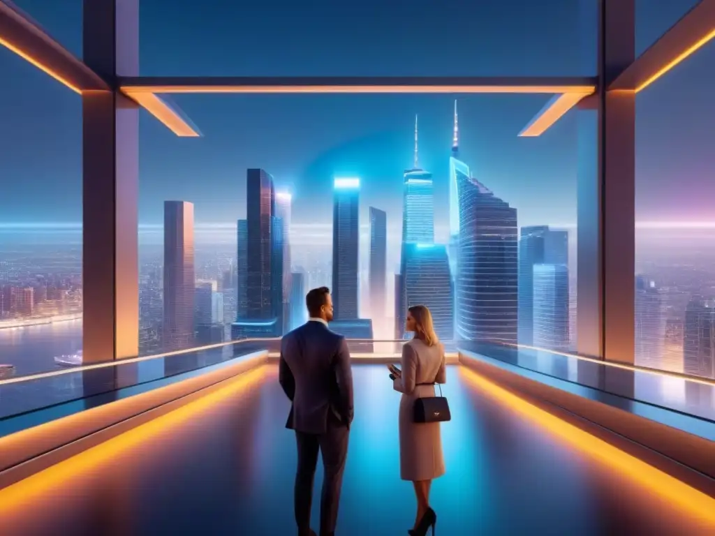 Distrito Financiero Futurista: Innovación y Elegancia en 8k Un distrito financiero futurista con rascacielos y profesionales discutiendo, mostrando tendencias financiamiento inmobiliario emergentes