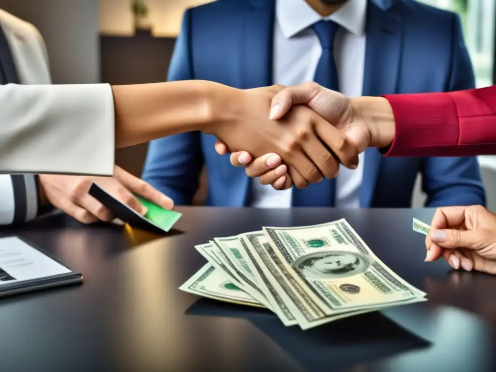 Interacciones Inmobiliarias: Diversidad y Profesionalismo Interacción diversa en mercado inmobiliario: intercambio de llaves y dinero entre clientes y agente inmobiliario en un entorno moderno y profesional