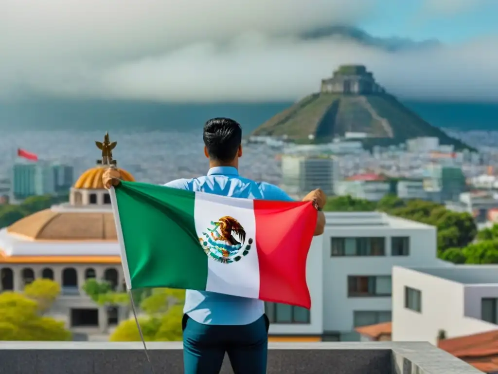 Inversión inmobiliaria en México: diversidad y unidad frente a la bandera Diversidad y unión en la compra de inmuebles en México: grupo variado sonriendo y compartiendo llaves frente a una oficina inmobiliaria en CDMX