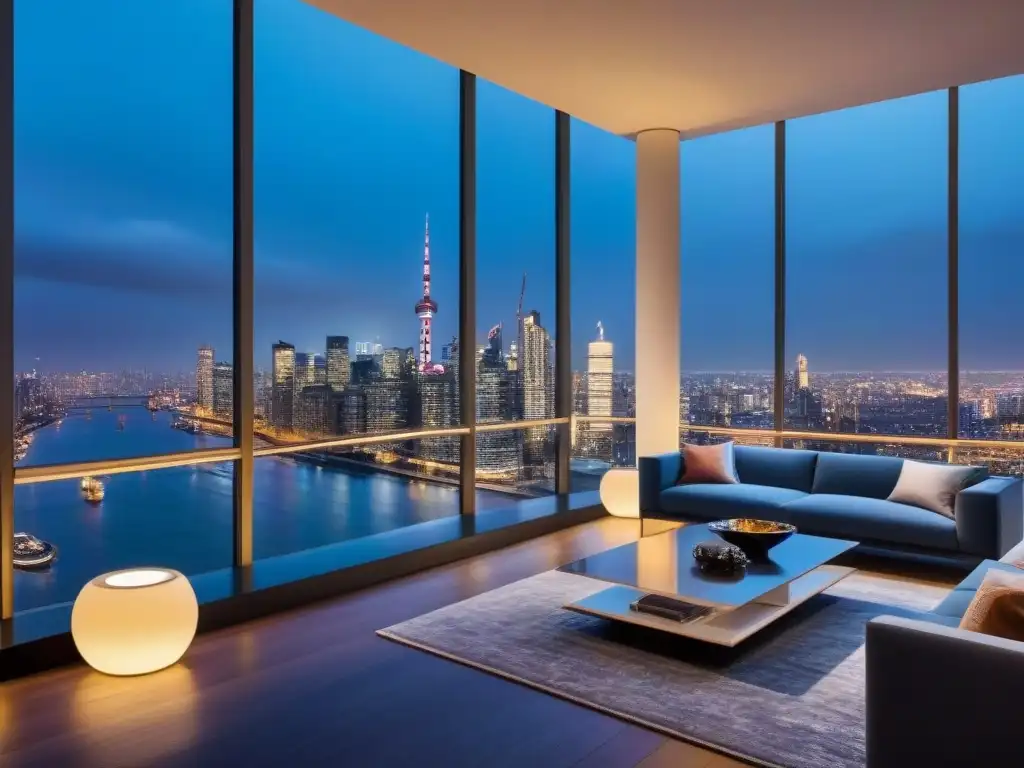 Penthouse moderno con vista urbana al anochecer Diversificación de inversiones inmobiliarias: Lujoso ático moderno con vista a la ciudad al anochecer, decorado con elegancia y estilo contemporáneo