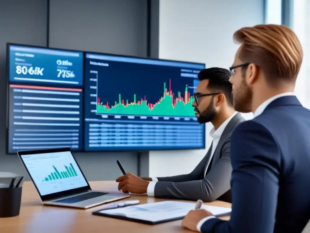 Equipo diverso analiza gráficos financieros en oficina moderna Diverso grupo analiza gráficos financieros en oficina moderna