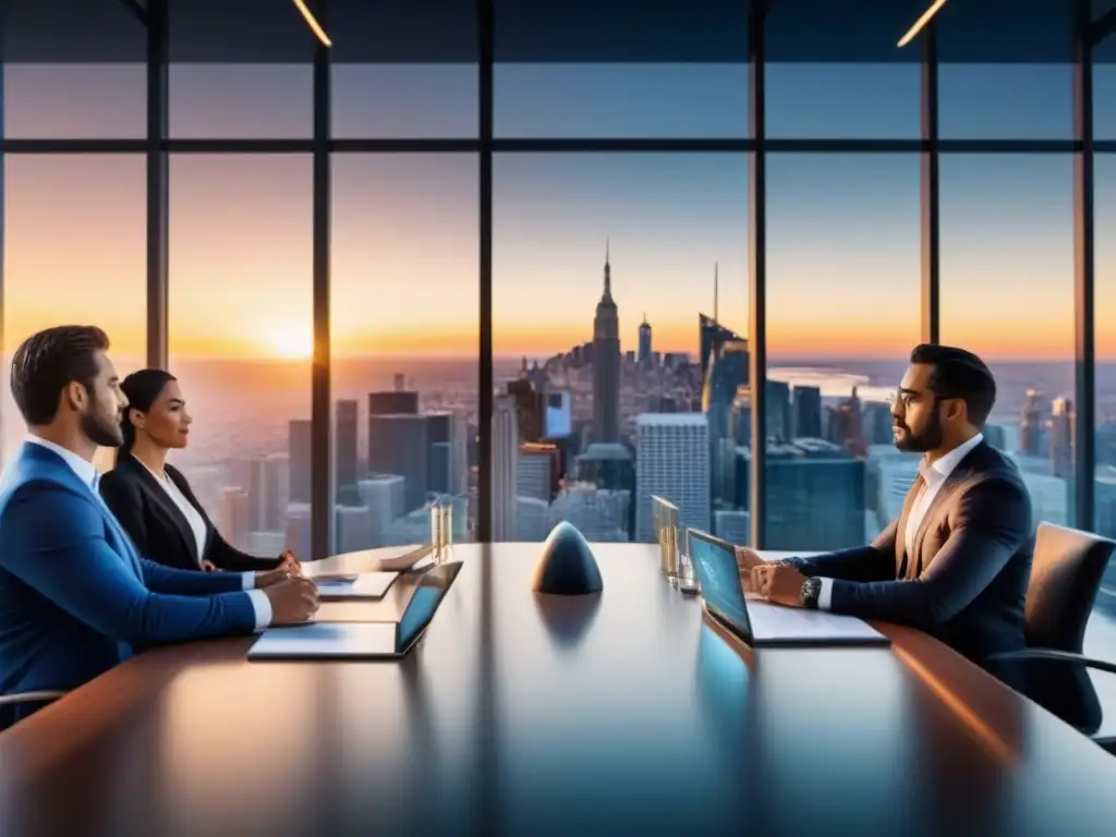 Profesionales debaten estrategias inmobiliarias globales en sala de juntas moderna Un diverso grupo de profesionales discute estrategias de inversión inmobiliaria internacional en una sala de juntas moderna, destacando la regulación ética